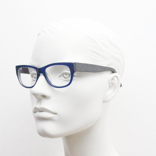 Chunky frame modified cat eye glasses. Superior quality optical eyeglasses. Deep blue front with wood look arms. Prescription RX Spectacles