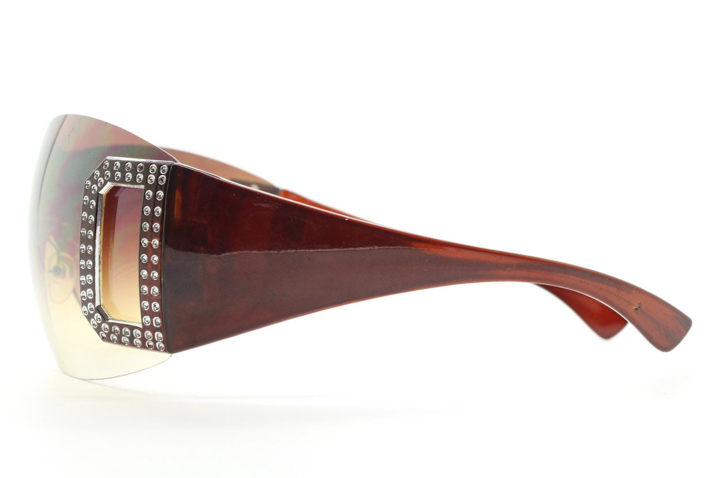 Y2K vintage visor sunglasses. 2000's brown wraparound mono lens shield design with big diamante effect crest. 00s uber fashion mini mask NOS