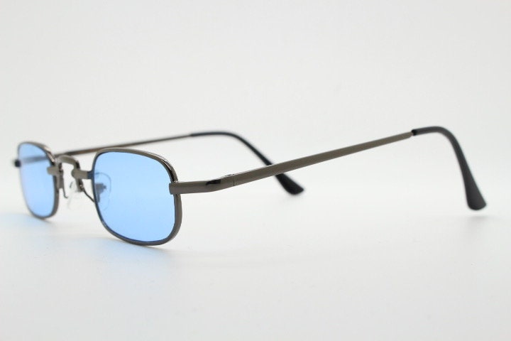 90s vintage small rectangular sunglasses. Imposing minimal gunmetal grey victorian style frame with sky blue lenses. Steampunk. Unused NOS