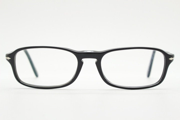 Persol rectangular eye glasses hand made in Italy. Black gloss acetate optical frame with keyhole bridge. Prescription eyeglasses. Vintage