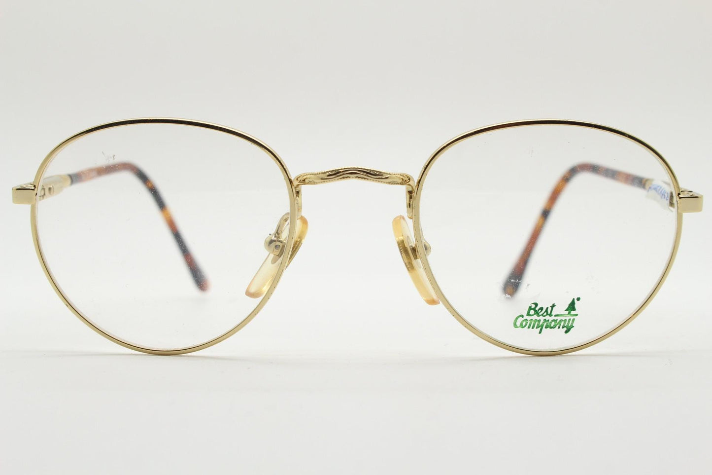 90s vintage round panto metal eye glasses by Best Co. Minimal gold optical frames with tortoise arms. Prescription eyeglasses. RX spectacles
