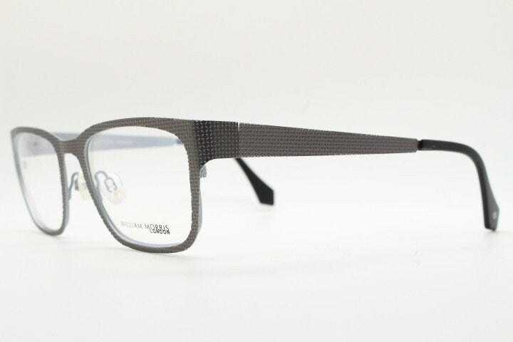 William Morris London rectangular eye glasses. Grey flat metal optical frames with textured check surface. Prescription RX eyeglasses