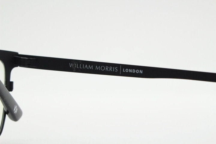 William Morris London rectangular eye glasses. Black matt flat metal optical frames with ornate silver pattern. Prescription RX eyeglasses.