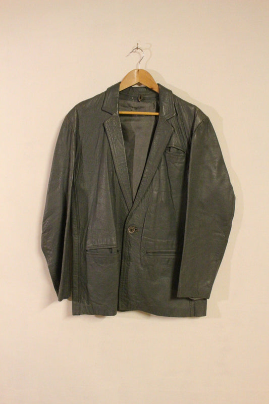 80s vintage grey genuine leather jacket. One button mens blazer design with slim lapels