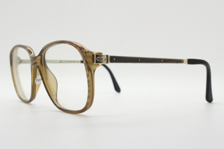 Christian Dior 70s vintage square eye glasses. Transparent mottled brown optical frame with gold and enamel arms. Mens Prescription RX