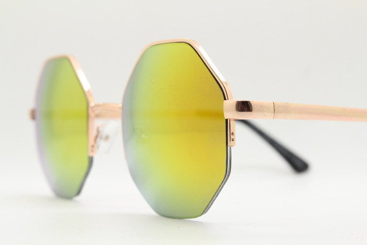 90s vintage octagon sunglasses. Blue 8 sided 60s design glasses with minimal half frame and gold arms. Hexagon. Unused NOS
