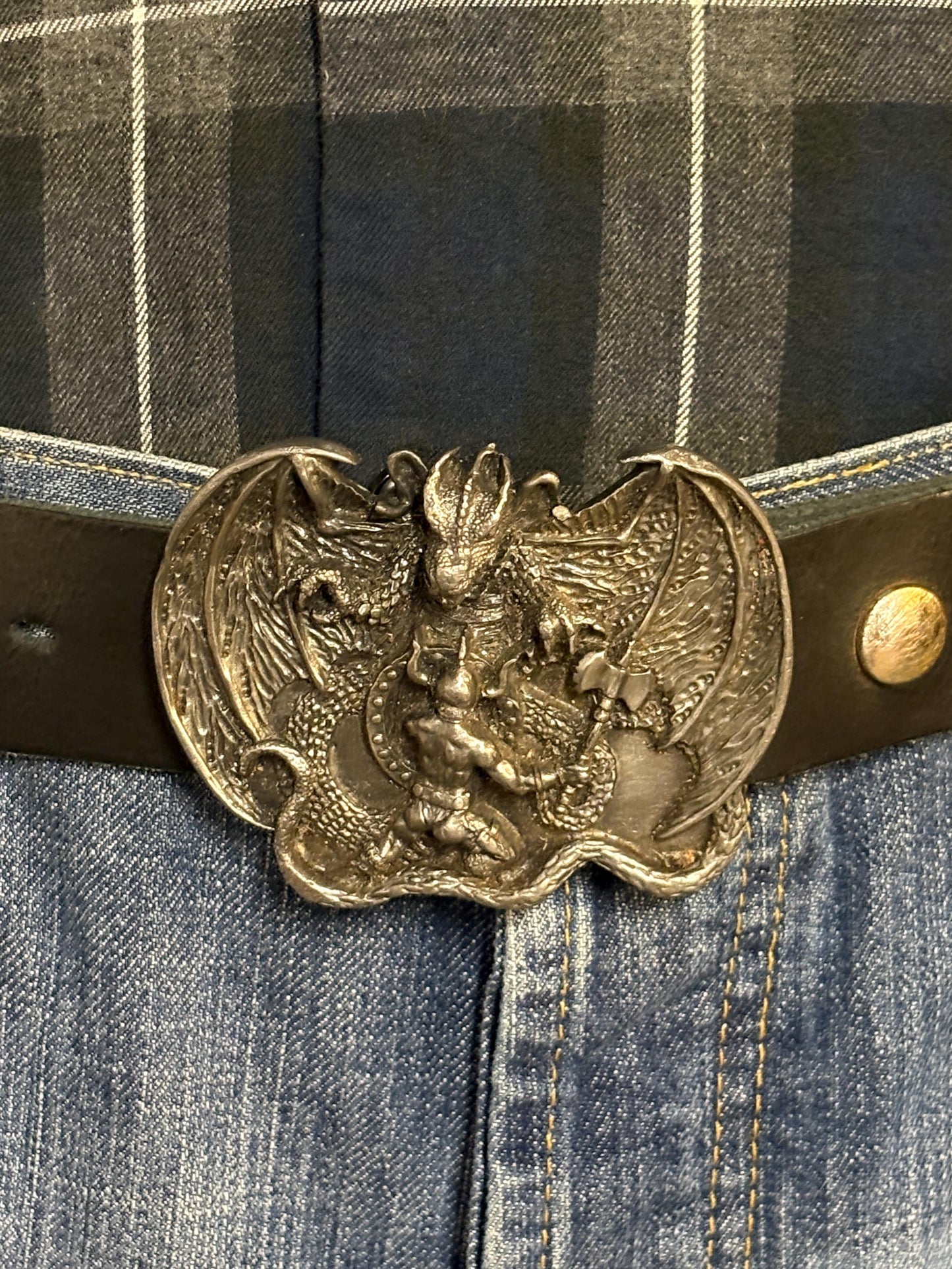 Bergamot brass works 1982 vintage 3D Beowulf and the dragon buckle on black genuine leather  changeable belt. Mythical fantasy. 80s