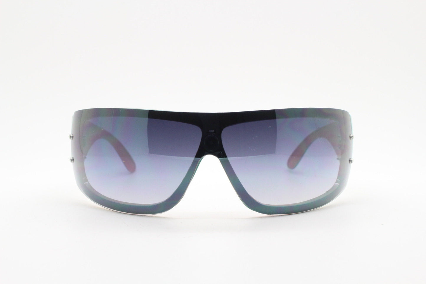 Y2K vintage visor sunglasses. Black massive mask mono lens wrap around shield with turquoise arms. Sick fashion grail. 2000s unused NOS