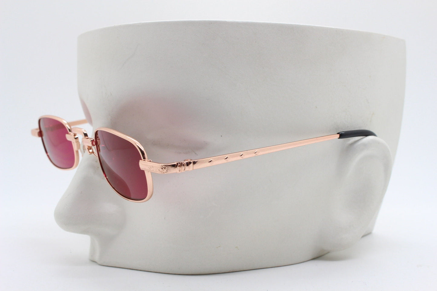 90s vintage small rectangular sunglasses. Imposing minimal gold metal victorian design frame with shocking pink lenses. Unused BNWT