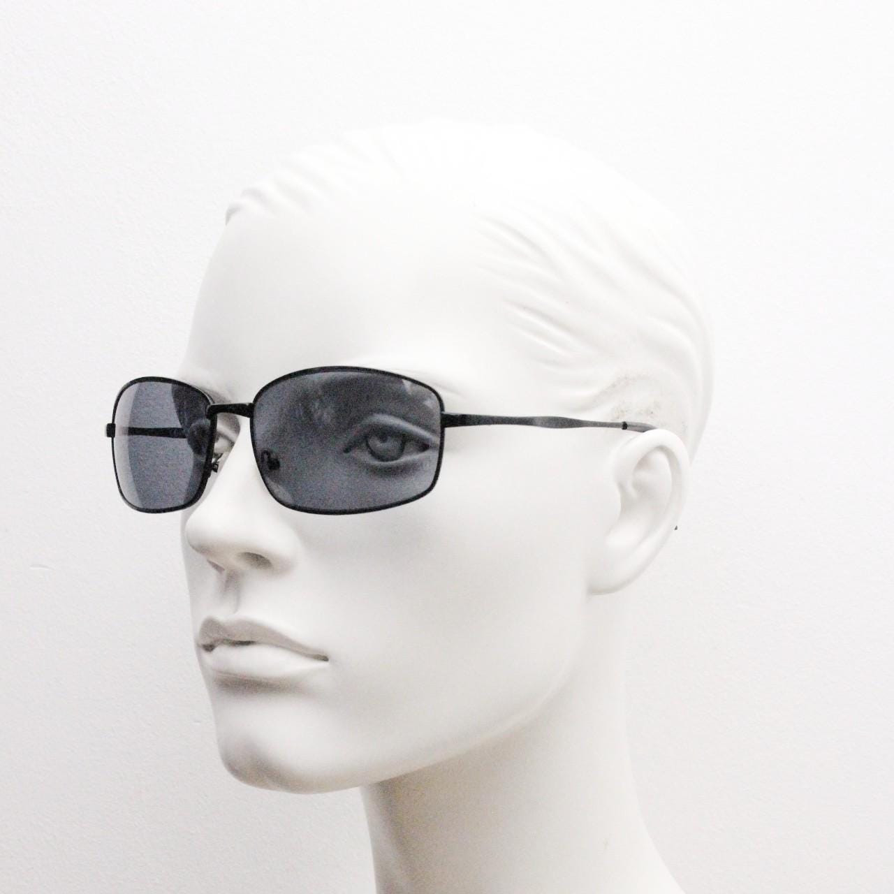 90s vintage wide rectangular sunglasses. Solid metal plain black gloss finish frame with curved lenses. 2000's. Y2K. NOS