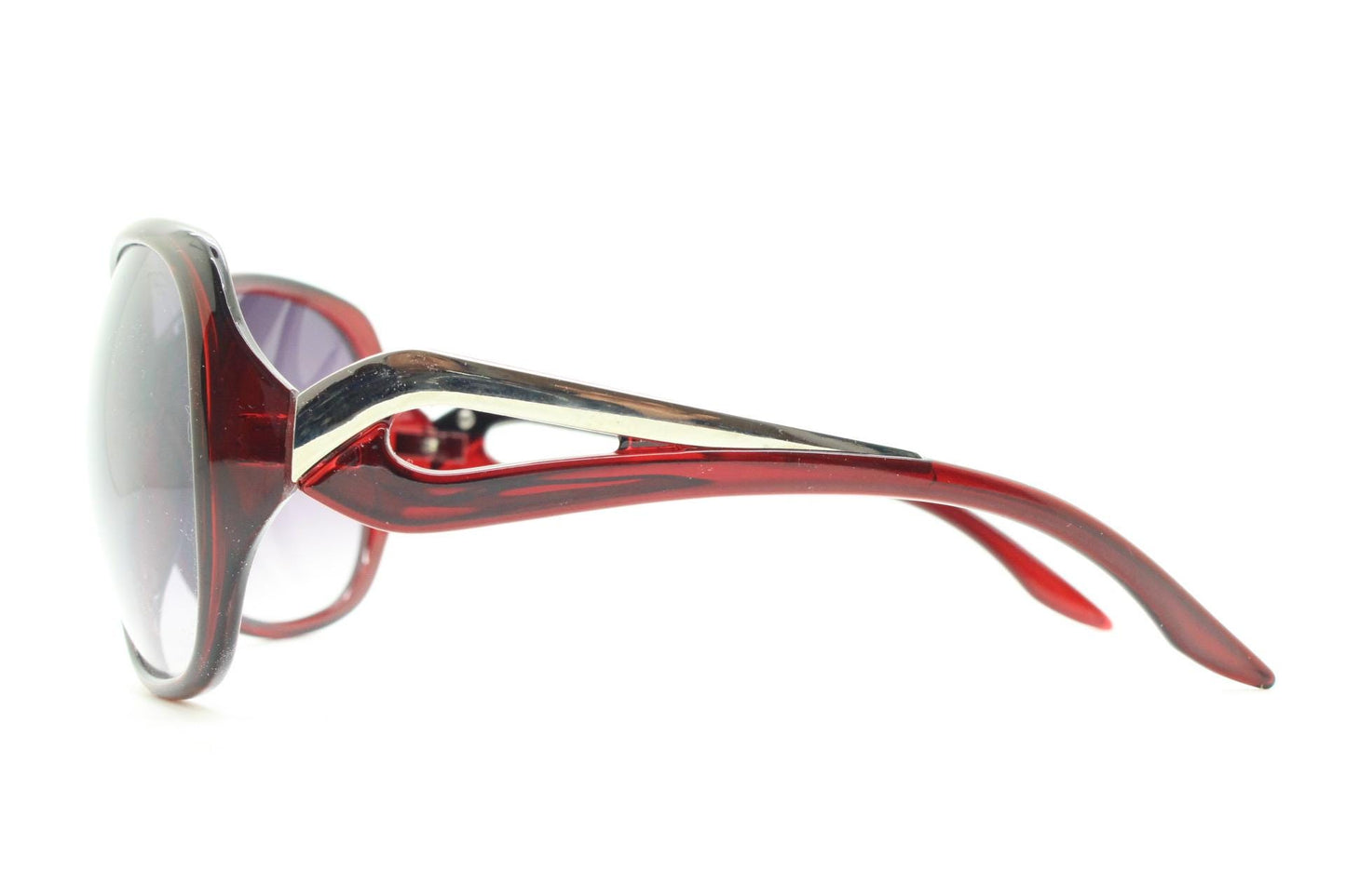 Y2k vintage oversized womens sunglasses. Big bug eye 70s design in deep red with metal arm detail. Authentic 2000s retro. NOS