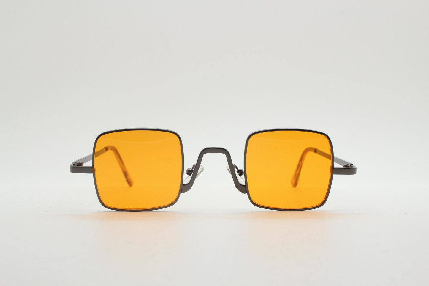 90s vintage small square sunglasses. Imposing minimal bronze brown metal Victorian style frame with blazing orange lenses. Steampunk. NOS