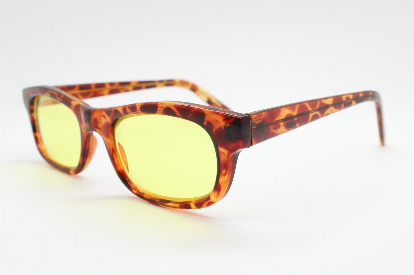 80s vintage rectangular sunglasses. Low profile 60s design tortoise frame with psychedelic light tone canary yellow lenses. BNWT Unused NOS