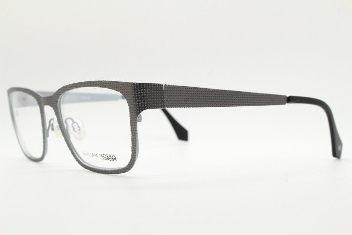William Morris London rectangular eye glasses. Grey flat metal optical frames with textured check surface. Prescription RX eyeglasses