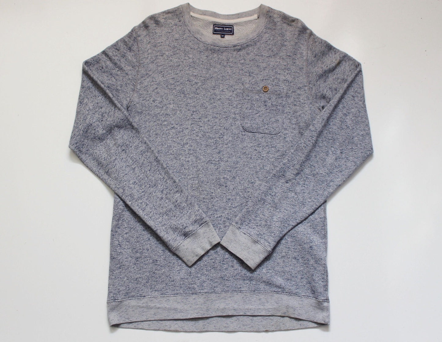Shore Leave grey fleck long sweatshirt. Crew neck pullover with outside chest pocket. Pure cotton round neck mens jumper