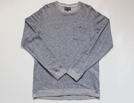 Shore Leave grey fleck long sweatshirt. Crew neck pullover with outside chest pocket. Pure cotton round neck mens jumper