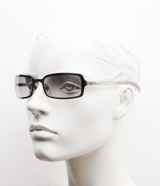Y2K vintage rectangular sunglasses. Low profile mini shield frame in gunmetal chrome with light tone graduated mirror lens. 2000's. 90s. NOS