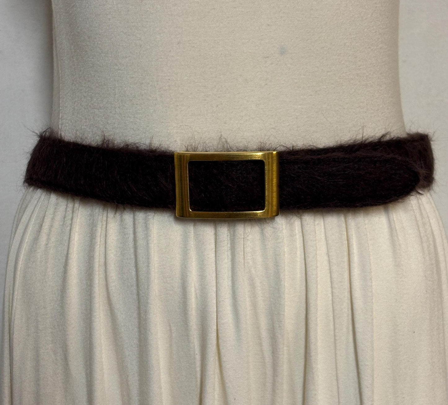 Y2k vintage womens feature belt by Njal of Milan. Luxury brown fuzzy mohair with gold buckle. To wear on a dress. 2000s NOS