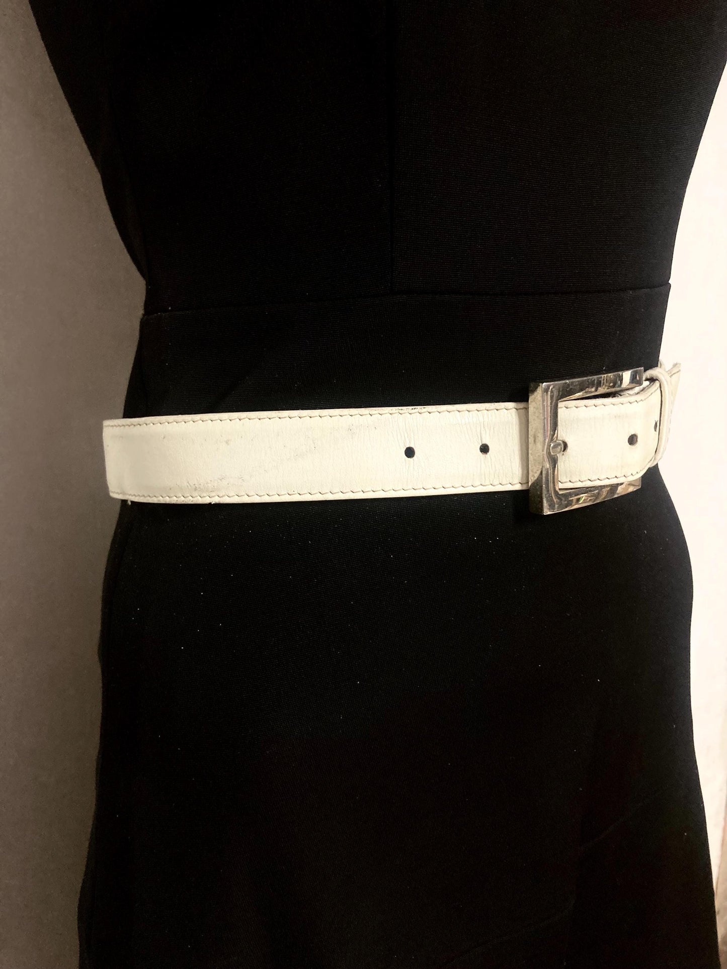 90s vintage womens dress or jeans belt by French Connection. Plain white genuine leather with chrome solid brass buckle. Made in England