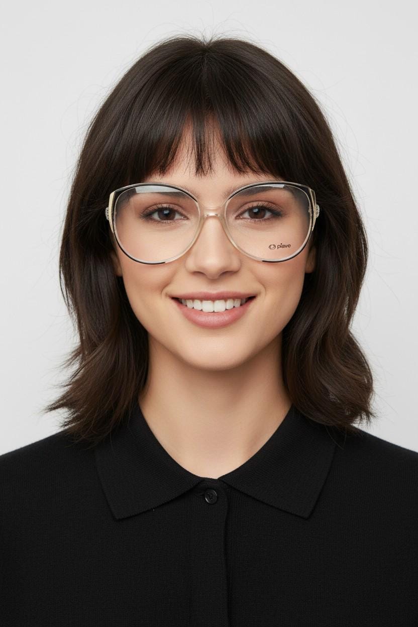 Piave 80s vintage oversized round cat eye glasses. Transparent clear optical frame with black and white overlay. Prescription NOS cateye