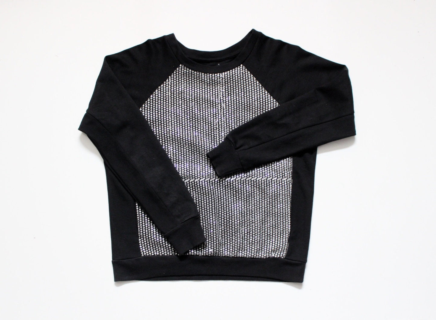 Vintage Y2K black sweatshirt with full silver sequin front . Womens crew neck pullover. Round neck jumper