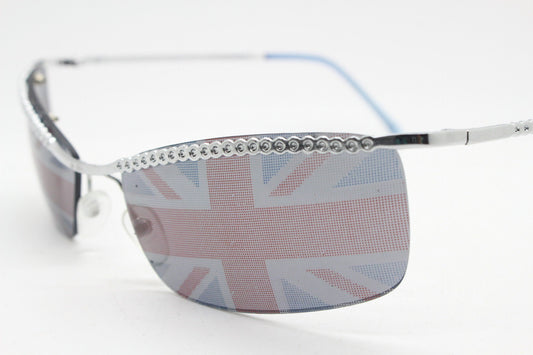 90s vintage half frame Union Jack sunglasses. Curved lens suspended on a sparkling chrome brow. Unused NOS. Brit pop girl power