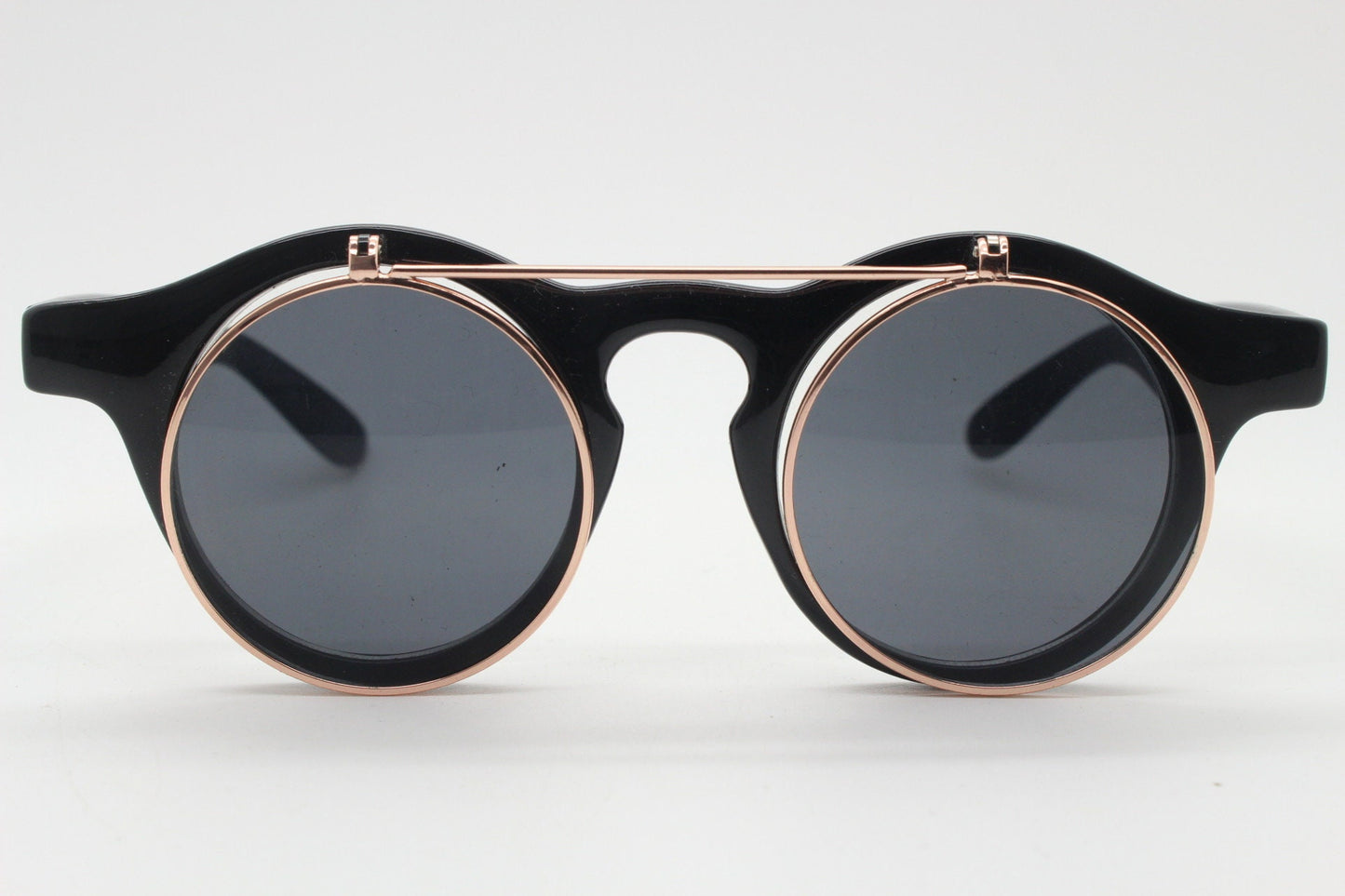 Vintage 90s round flipper sunglasses. 30s style black frame with clear lenses and flip up sunglasses visor. BNWT unused