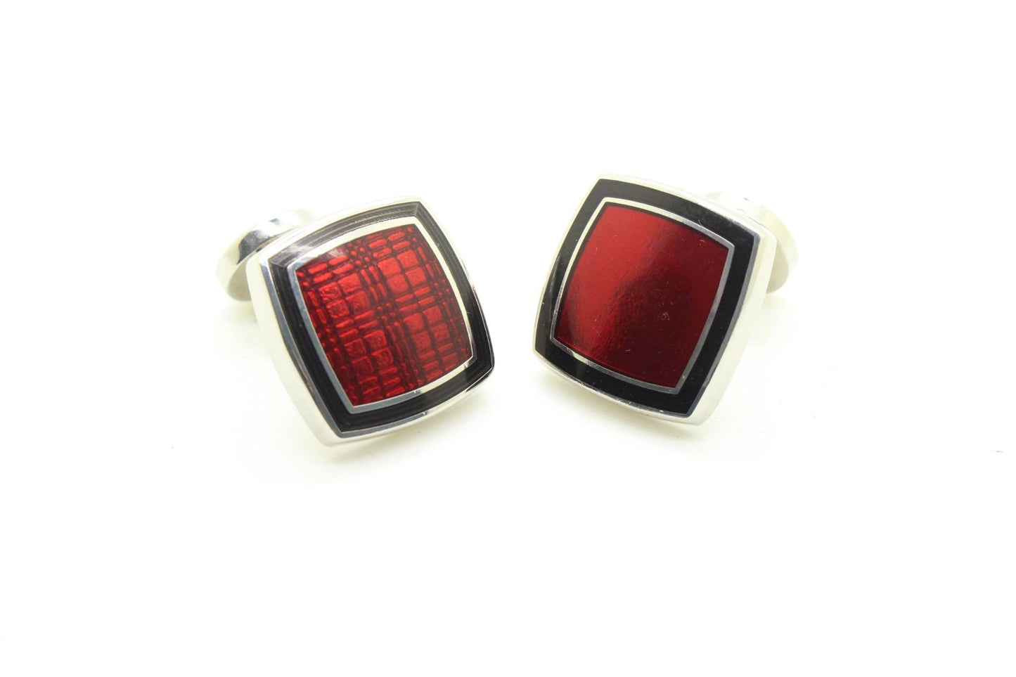Burberry vintage square cuff links made in England. Solid metal with red enamel. Signature check on one side, plain on the other. NOS
