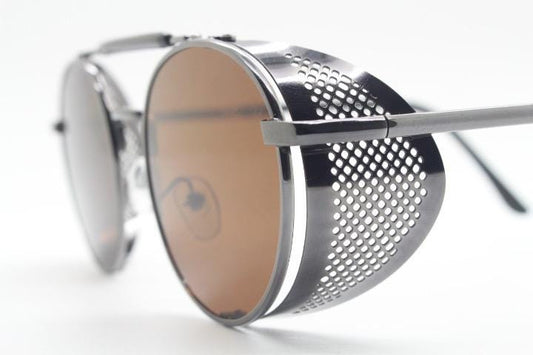 90s vintage round goggle sunglasses. All metal grey chrome frame with folding perforated side blinkers. Spoilers. Steampunk. Cosplay. NOS