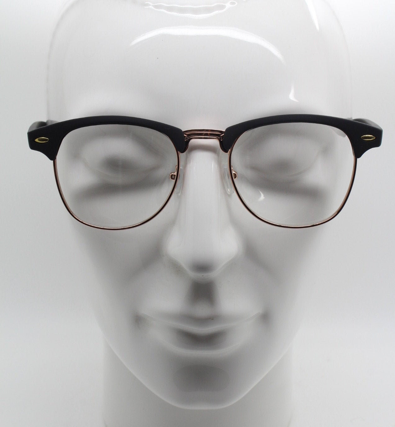 90s vintage browline sunglasses. All time classic design in black gloss finish with gold half rim. 50s, 60s. Unused NOS