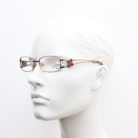 Missoni rectangular low profile eye glasses. Brown chrome optical frames with flower detail. Prescription eyeglasses. RX spectacles