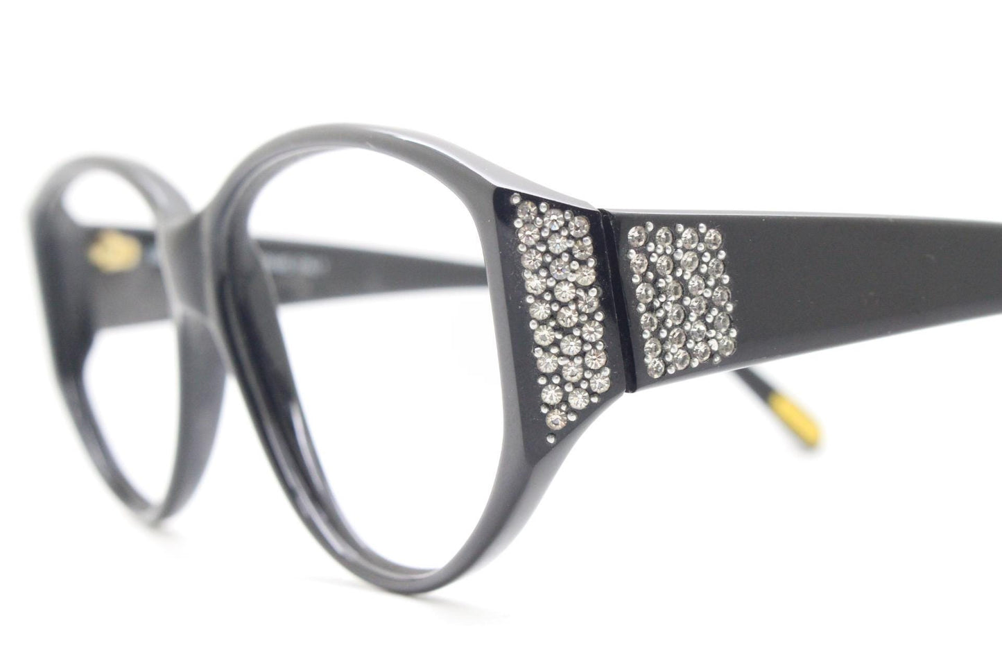 Versace modified cropped cat eye glasses made in Italy. Black gloss acetate optical frames with dramatic diamante. Prescription. Vintage NOS