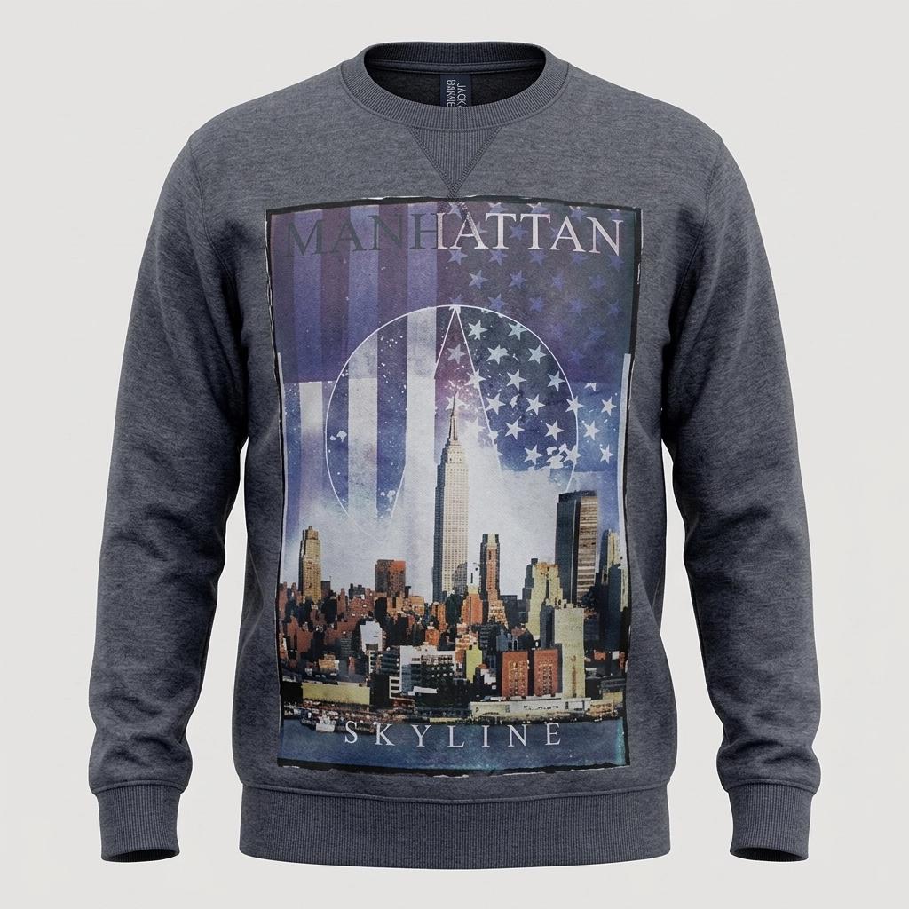 Manhattan Skyline printed sweatshirt. Blue crew neck pullover with bold graphic print. Round neck jumper. Mens medium. Unused NOS