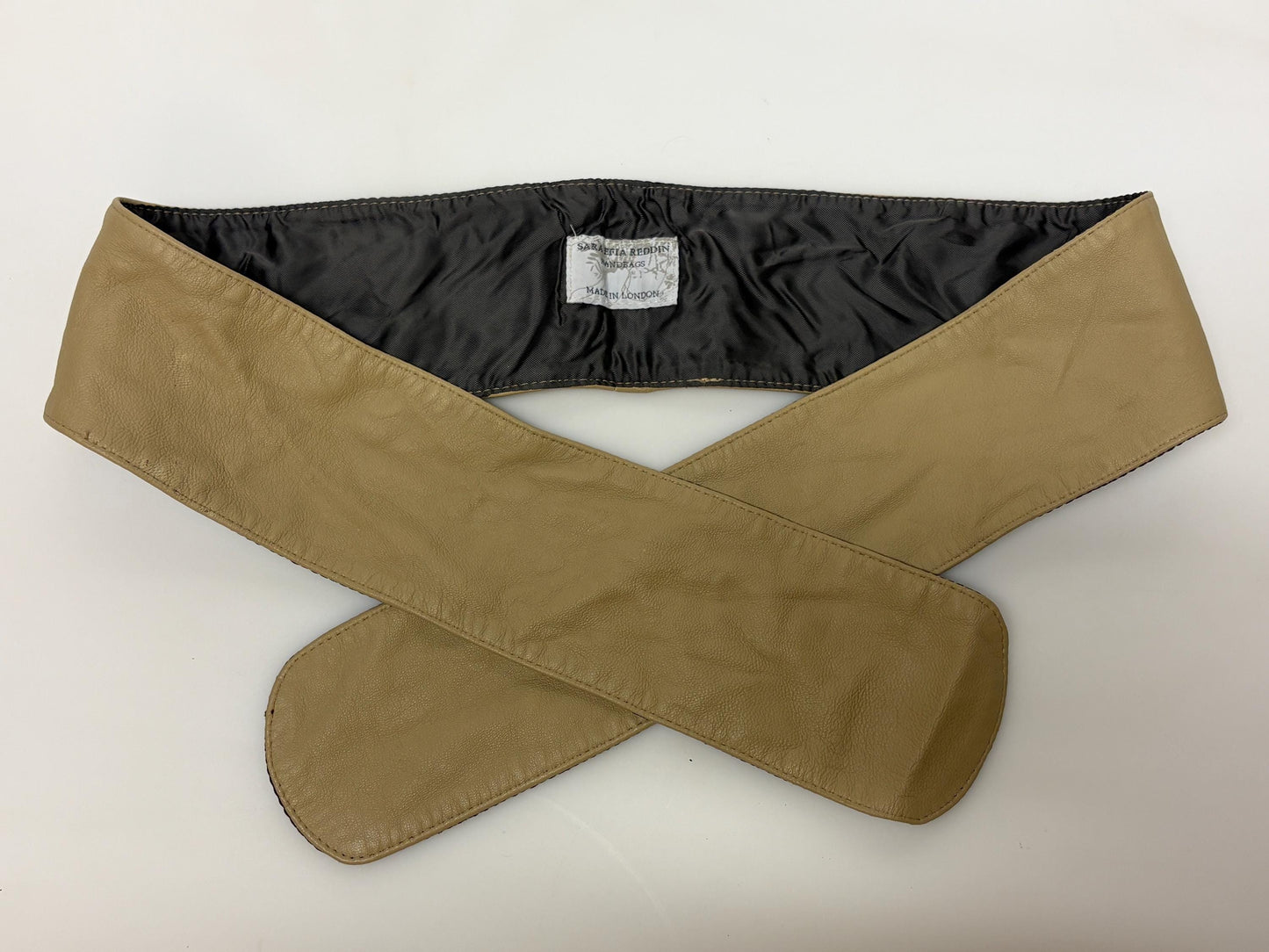 Beige real leather Y2K vintage womens sash belt by Sara Efia Reddin. 2000s feature bow tie design for a dress or kimono. Unused NOS. BNWT