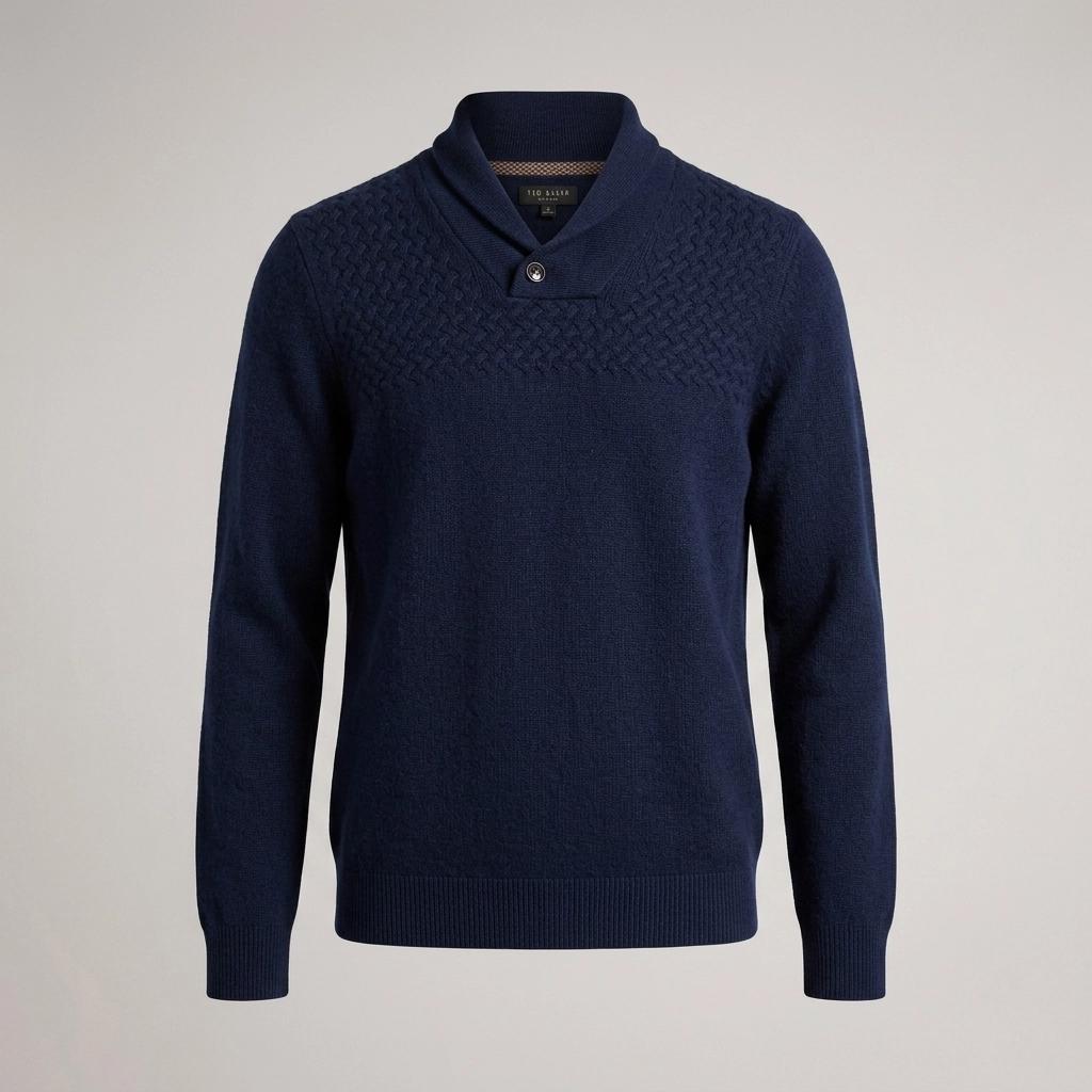 Ted Baker knit shawl collar jumper with cross weave panel. Mens dark blue fitted golf design pullover in luxury alpaca. Vintage sweater