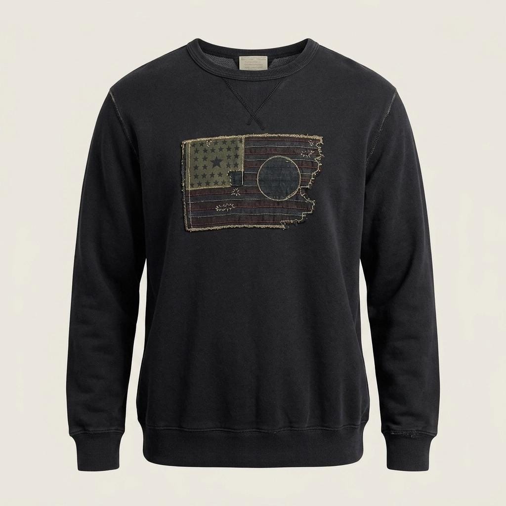 Ralph Lauren Polo Jeans Co. vintage sweatshirt. Black crew neck pullover with distressed US flag patch. Round neck jumper