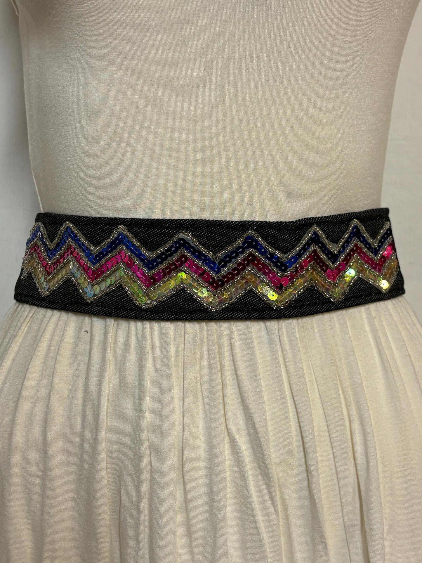 Y2K vintage womens dress belt in dark blue denim with rainbow sequins zig zag applique in neat proportions. Vegan. 2000s Unused NOS