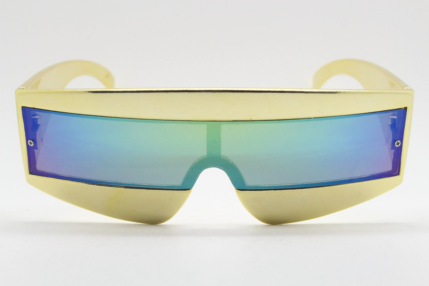 Y2K vintage square visor sunglasses. Gold 80s style robot shield design. Mirror mask mono lens with full height arms. 2000s NOS BNWT