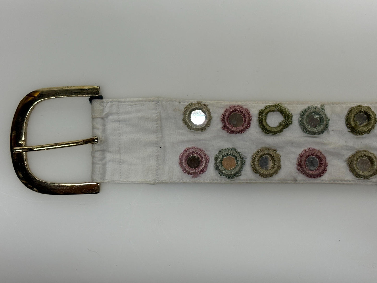 Y2K vintage womens dress belt by Stephanie Hirsch. White with pink and green embroidered little frames around mirror circles. 2000s. BNWT
