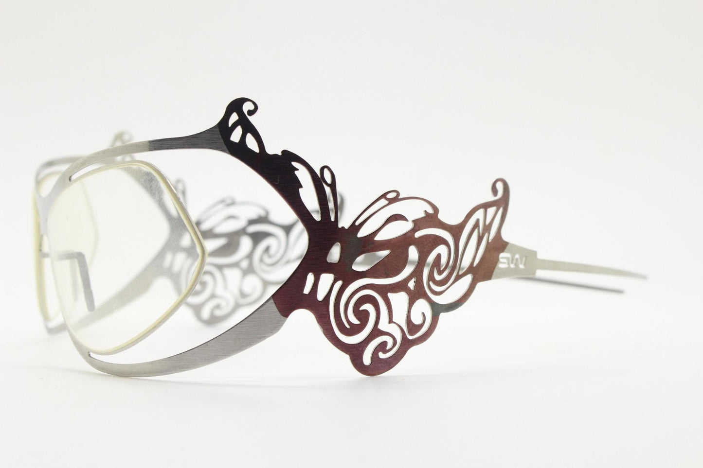 Slav Novosad wearable art eye wear. Design classic in inventive flat 2 tone stainless steel. Radical fashion visor. Fantasy sun glasses