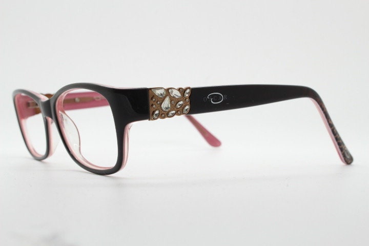Oscar de la Renta vintage diamante eye glasses. Leopard print layered acetate optical frames. Womens prescription RX eyeglasses. Rhinestone