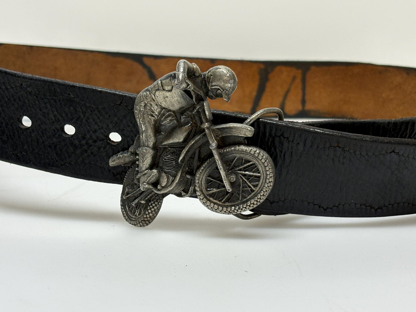 70s vintage Bergamot brass works 3D motorbike rider buckle on black genuine leather textured and embossed changeable belt. Moto X scrambler