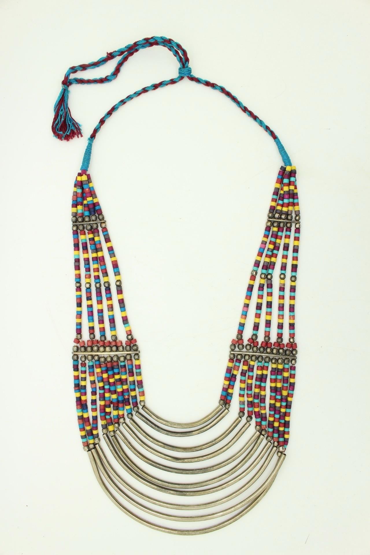 Y2K vintage massive statement Masai style beaded chain necklace. Multi coloured beads with concentric semi circle metal crescents. NOS