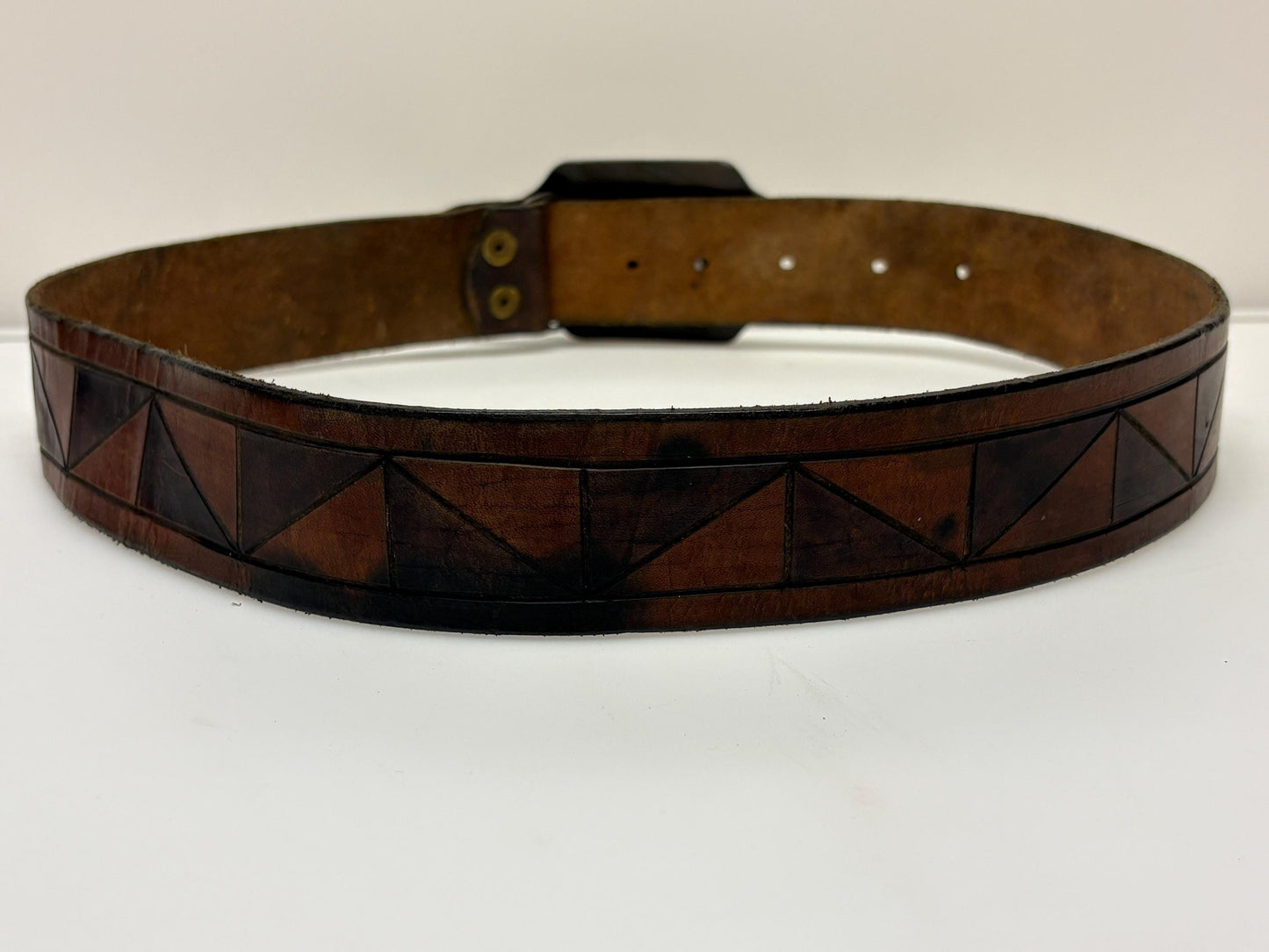 70s vintage brown triangles genuine leather western cowboy belt with big brass changeable buckle. Union Pacific Railroad. Thick cowhide.