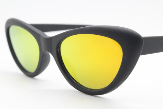 Vintage 90s oval cat eye sunglasses. Womens black rubber finish cat eye frame with gold mirror lenses. Rockabilly cats eye. Unused NOS