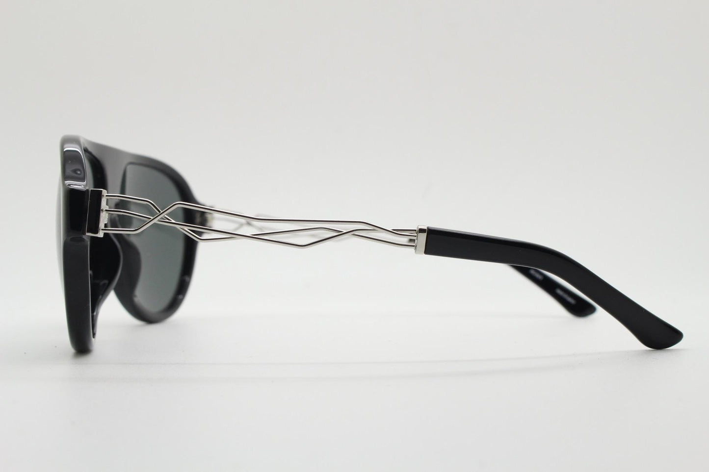 Prabal Gurung stylized aviator sunglasses made in Japan by Linda Farrow. Black frame with innovative abstract metal arm  Vintage Collab. NOS