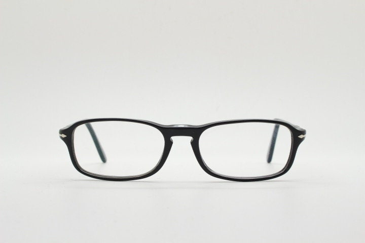Persol rectangular eye glasses hand made in Italy. Black gloss acetate optical frame with keyhole bridge. Prescription eyeglasses. Vintage