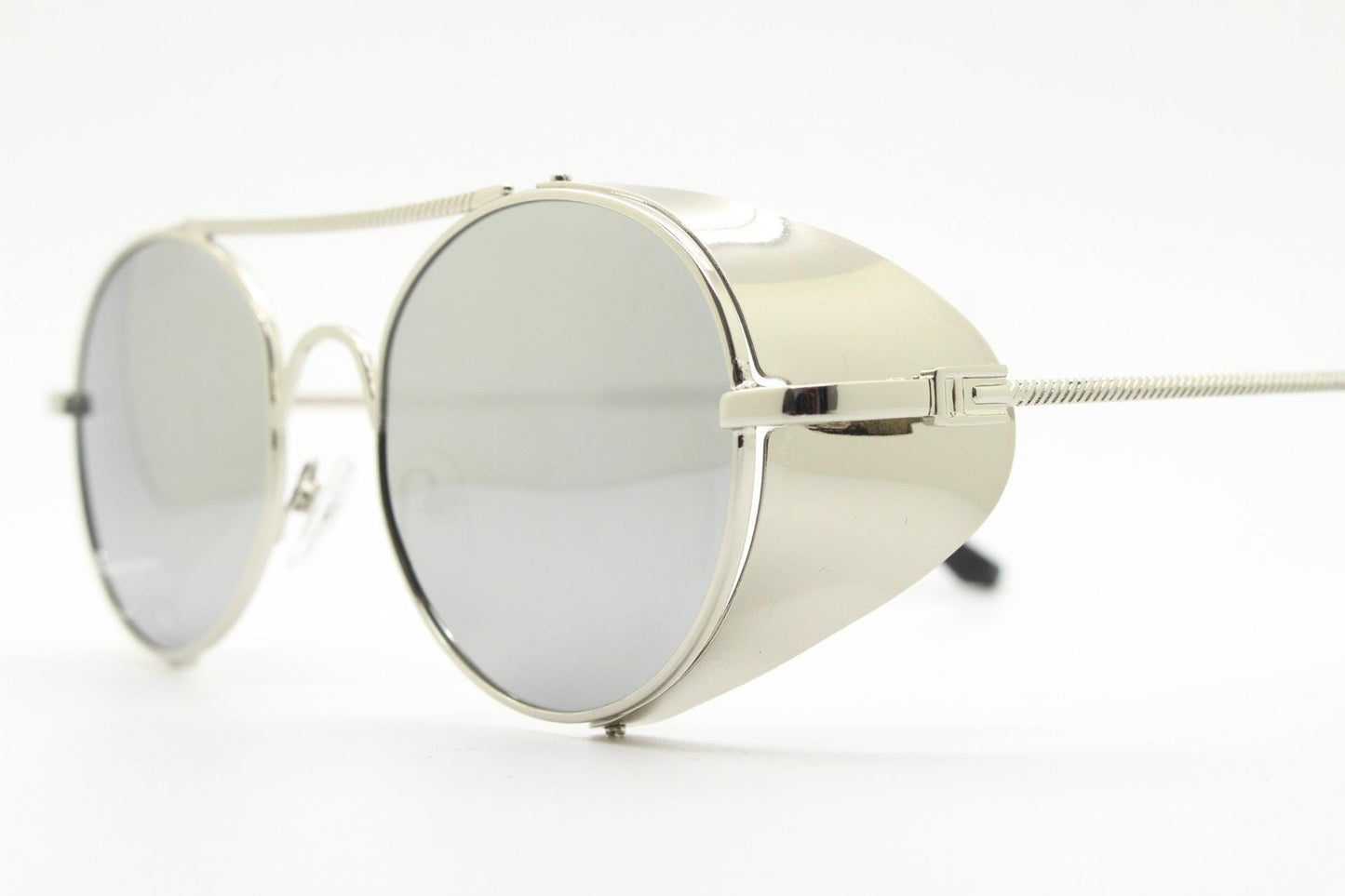 90s vintage round goggle sunglasses. All metal silver chrome frame with folding side blinkers. Spoilers. Steampunk. Cosplay. NOS