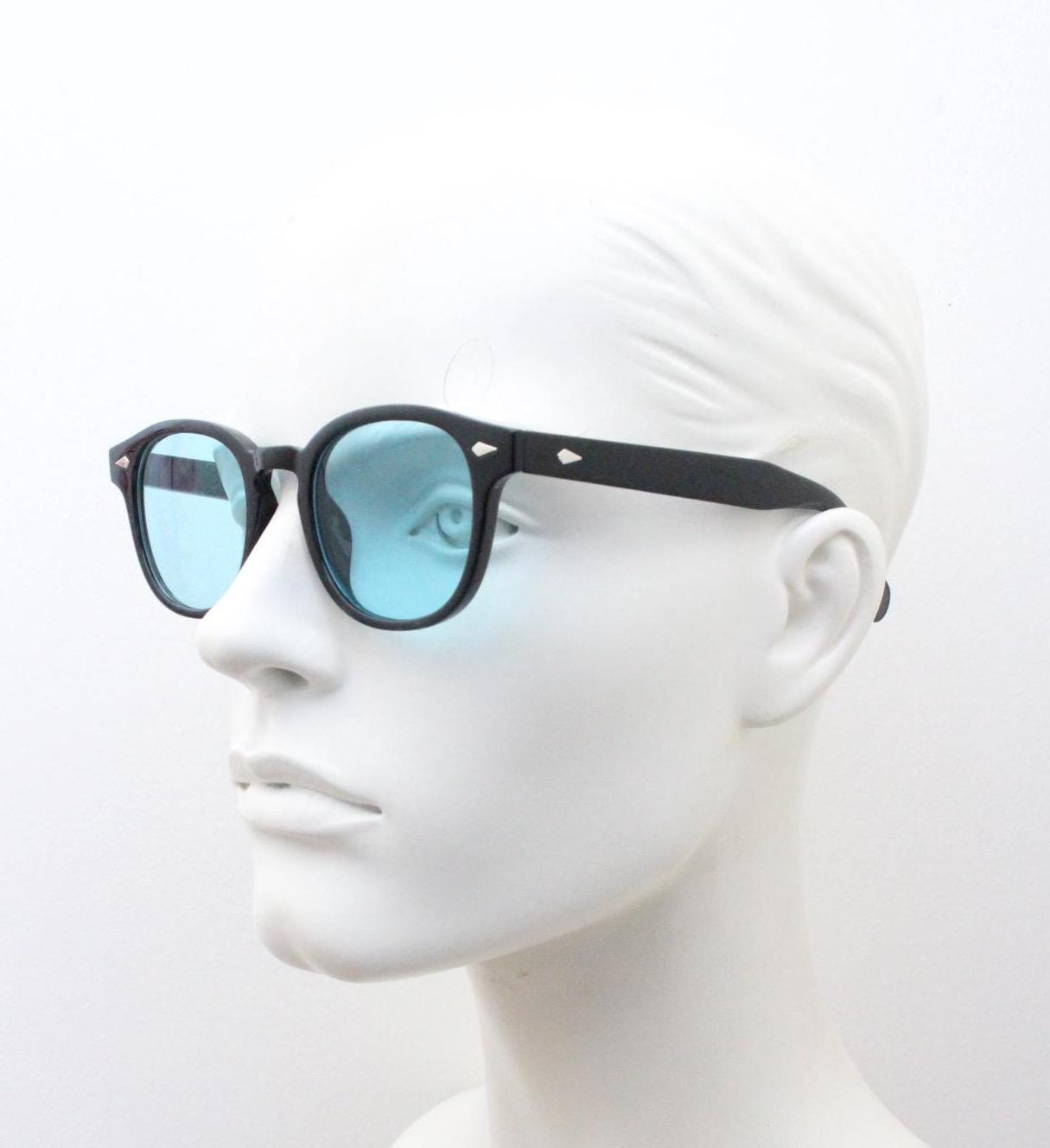Vintage modified wayfarer design glasses. Black gloss 40s, 50s shape frame with keyhole bridge and extra light tone blue lenses. BNWT