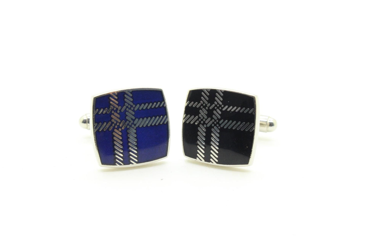 Burberry vintage square cuff links made in England with signature house check. Solid metal with blue on one side, black on the other. NOS